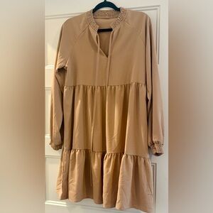 Tan Long Sleeve Flowy Mini Dress